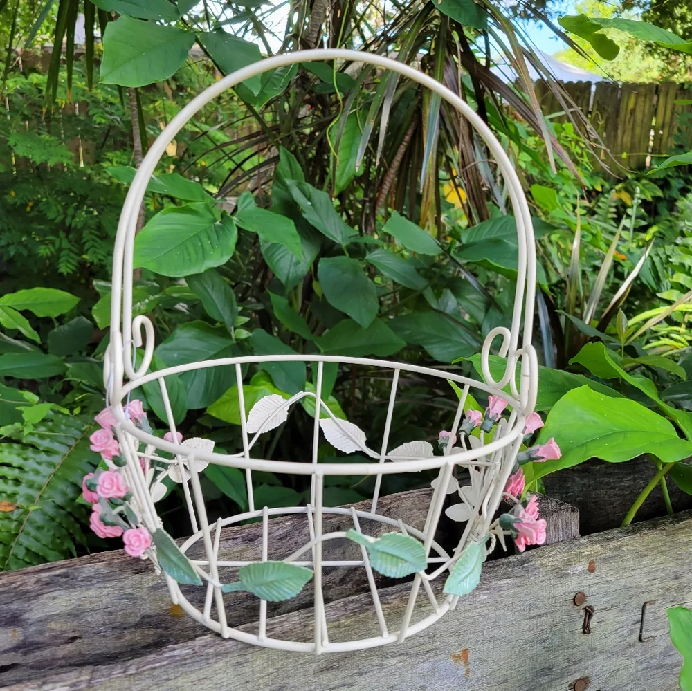 Metal Rose Floral Basket Storage Farmhouse